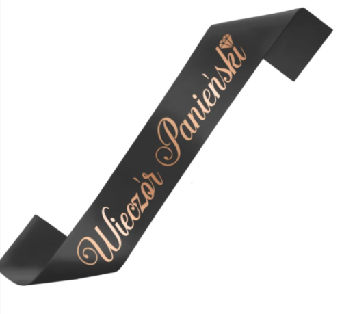 szarfa na wieczór panieński, szarfa dla Panny Młodej, czarna szarfa rose gold, gadżety na wieczór panieński, akcesoria na wieczór panieński, szarfa Wieczór Panieński, różowe złoto.png