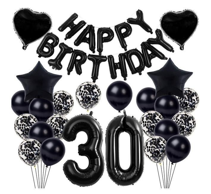 zestaw balonów na 30 urodziny, balony na 30, zestaw dekoracji na 30-ste urodziny, czarne balony.png