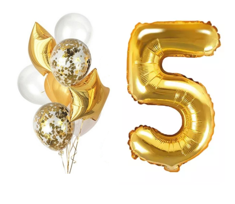 zestaw balonów na 5 urodziny, balony na 5 lat, balony dla chłopca, balony dla dziewczyny, balony złote, zestaw złotych balonów.png