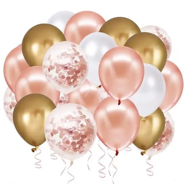 zestaw balonów białych, złotych, rose gold i z konfetti rose gold, balony urodzinowe.jpg