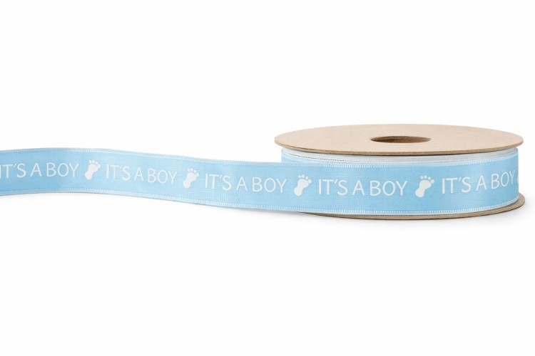 wstążka satynowa niebieska z białym nadrukiem IT'S A BOY.jpg