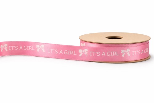 wstążka satynowa różowa z białym nadrukiem IT'S A GIRL.jpg