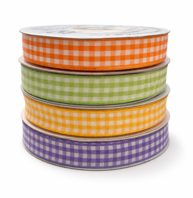Zestaw 4 szt. wstążka w kratkę pomarańczowa fioletowa zielona żółta 12 mm 1,2 cm 9 m wstążka satynowa dekoracyjna wielkanocna gingham
