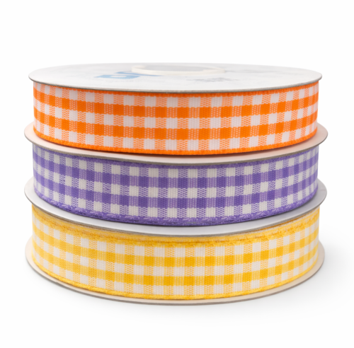 Zestaw 3 szt. wstążka w kratkę pomarańczowa fioletowa żółta 12 mm 1,2 cm 9 m wstążka satynowa dekoracyjna wielkanocna gingham
