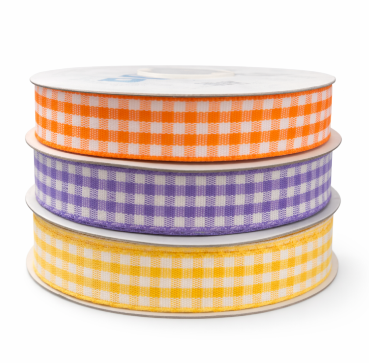 Zestaw 3 szt. wstążka w kratkę pomarańczowa fioletowa żółta 12 mm 1,2 cm 9 m wstążka satynowa dekoracyjna wielkanocna gingham