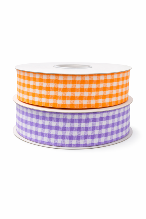 Zestaw 2 szt. wstążka w kratkę pomarańczowa fioletowa 25 mm 2,5 cm 22 m wstążka satynowa dekoracyjna wielkanocna gingham
