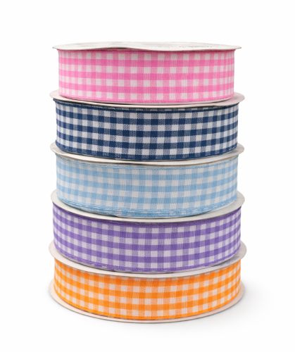 Zestaw 5 szt. wstążka w kratkę pomarańczowa fioletowa niebieska granatowa różowa 25 mm 2,5 cm 22 m wstążka satynowa dekoracyjna wielkanocna gingham