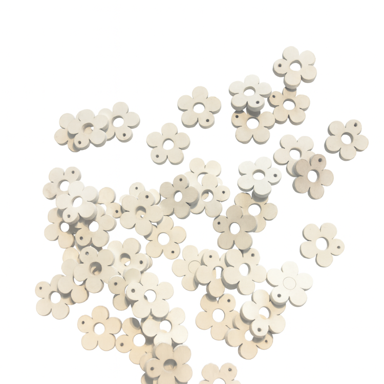 białe drewniane kwiatuszki, kwiatuszki 2x2 cm, zestaw kwiatuszków, ozdoby drewniane do scrapbookingu, dekoracje DIY, elementy drewniane białe, kwiatuszki do rękodzieła, dekoracje 50 sztuk, scrapbooking