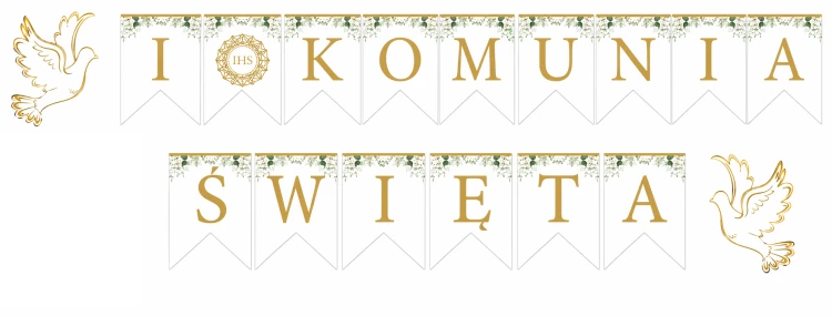 girlanda komunijna z gołąbkami i kwiatkami, baner komunijny, napis do ściankijpg