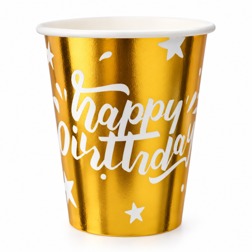 Złoty kubek Happy Birthday, kubki jednorazowe, papierowe 10szt.png