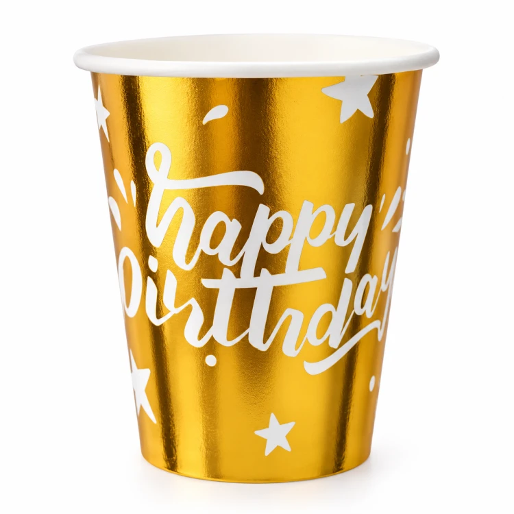 Złoty kubek Happy Birthday, kubki jednorazowe, papierowe 10szt.png