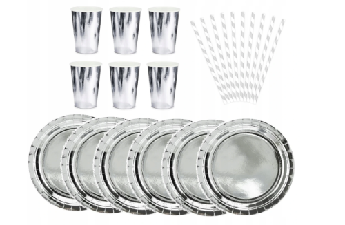 zestaw srebrny, kubki, talerzyki, rurki, słomki, zestaw imprezowy.png