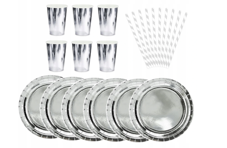 zestaw srebrny, kubki, talerzyki, rurki, słomki, zestaw imprezowy.png