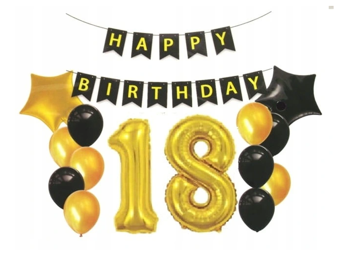 zestaw balonów na 18, balony 18 urodziny, balony złote, balony czarne.png