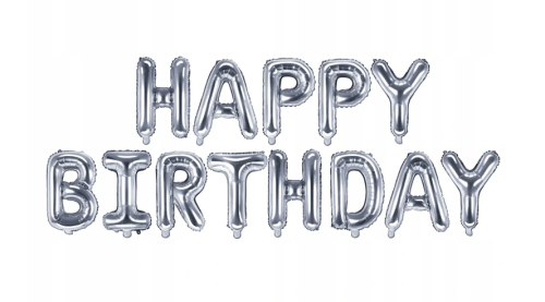 srebrny napis Happy Birthday, baner urodzinowy, baner z balonów, srebrny napis, dekoracja urodzinowa.png