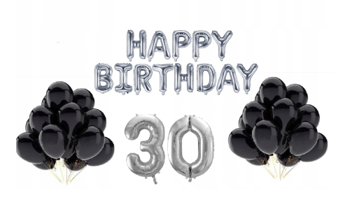 zestaw balonów na 30, balony czarne, balony srebrne, happy birthday.png