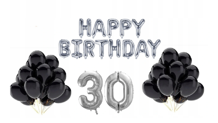 zestaw balonów na 30, balony czarne, balony srebrne, happy birthday.png