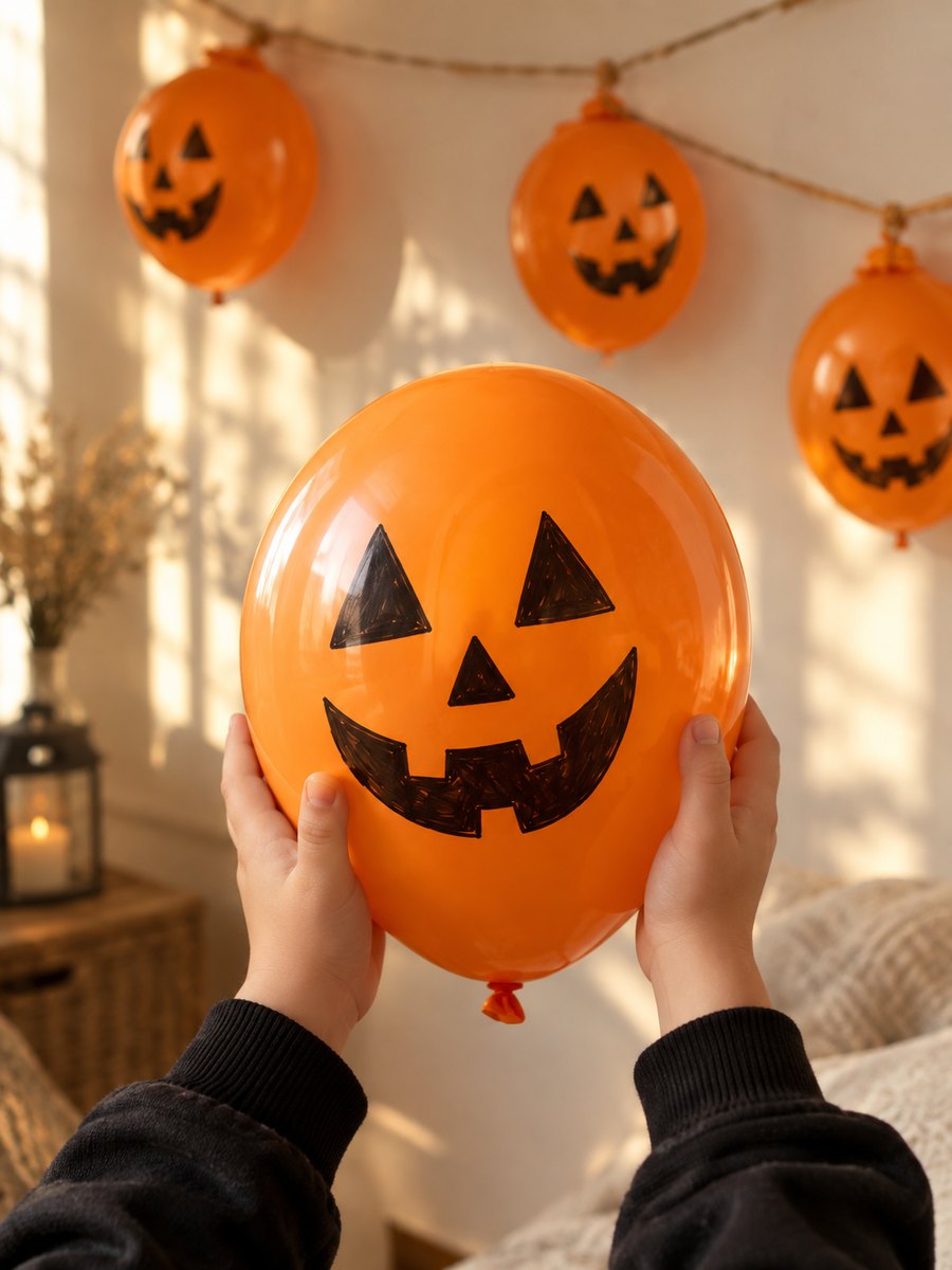 dynia z balonu z namalowaną twarzą - dekoracje na halloween diy