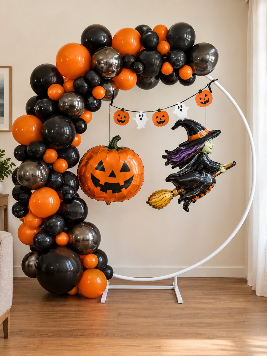 halloweenowa ścianka do zdjęć z balonów na okrągłym stojaku